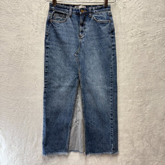 Zara Dresses & Skirts - Zara Maxi Denim Skirt Womens XS Y2K Jean Blue Front Slit Streetwear Frayed 90s